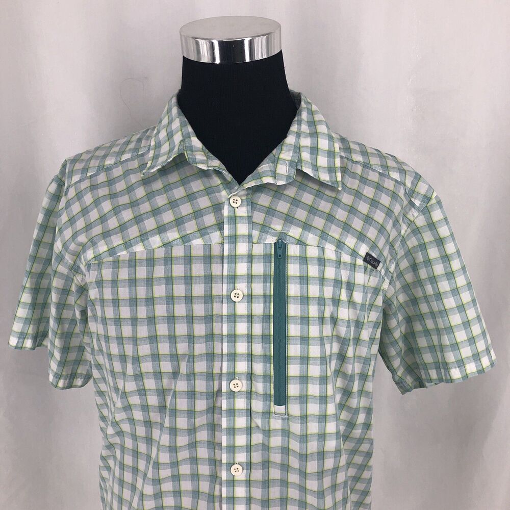Columbia Battle Ridge Slim Fit Blue Yellow Plaid Button Up Camp Shirt AM1215 XL